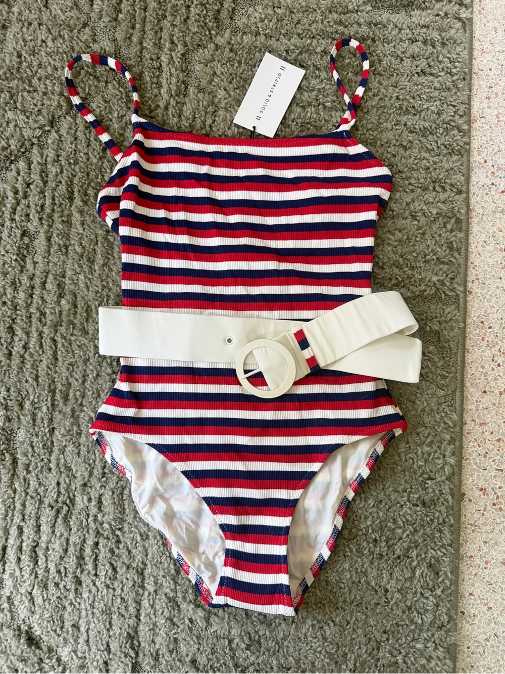 SOLID & STRIPED Red, Blue & White Striped One-Piece Swimsuit with White Belt